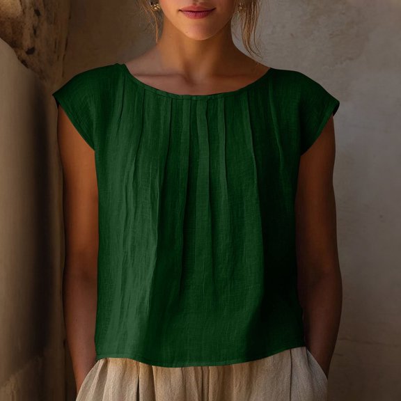 BRGZLK Women's Linen Tops Summer Novel Fashion Solid Color Pleated Round Neck Cap Sleeve Loose Breathable Comfortable T-shirt Top Green M