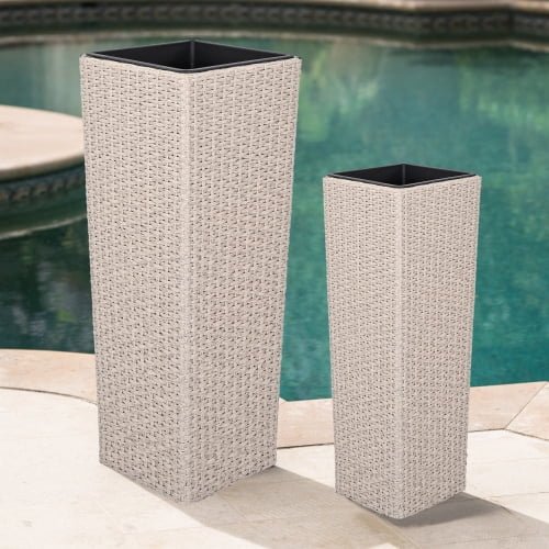 DEGUO Wicker Planters for Outdoor Plants Set of 2, 32“& 24 ” Tall Planter for Front Porch, Patio, Balcony, Indoor Usage - Square Rattan Flower Pots, Beige