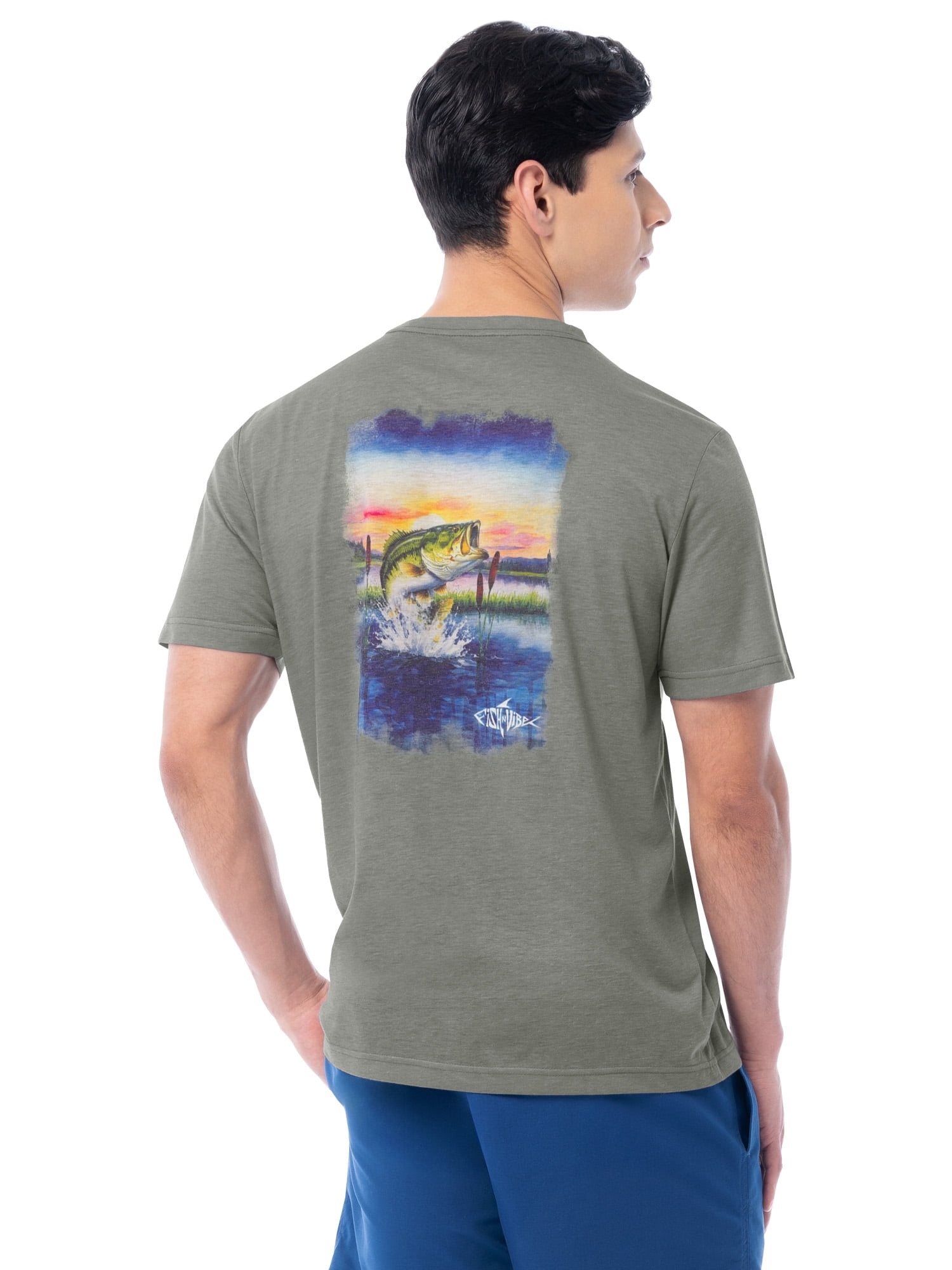Fish N Vibe Men's Short Sleeve Fishing Performance Outdoor Graphic T-Shirt, Grey, M