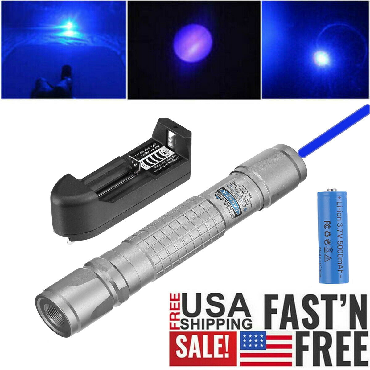 900Miles Blue Purple 405nm Laser Pointer Pen Visible Beam Battery Charger US 