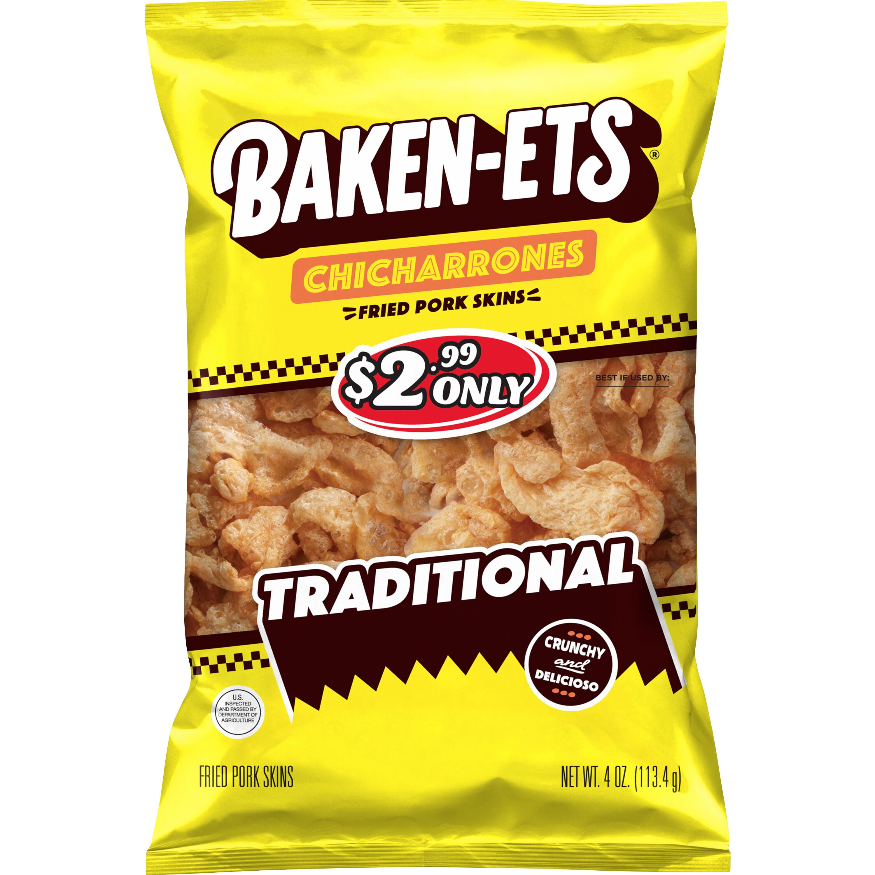 (2 pack) Baken-Ets Traditional Chicharrones Fried Pork Skins, 4 oz Bag