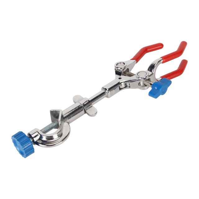 Abrazadera de laboratorio de 3 puntas con revestimiento de goma, ajuste de presión, abrazadera para matraz de 3 dedos para sujetar objetos de hasta 3,5 pulgadas de diámetro