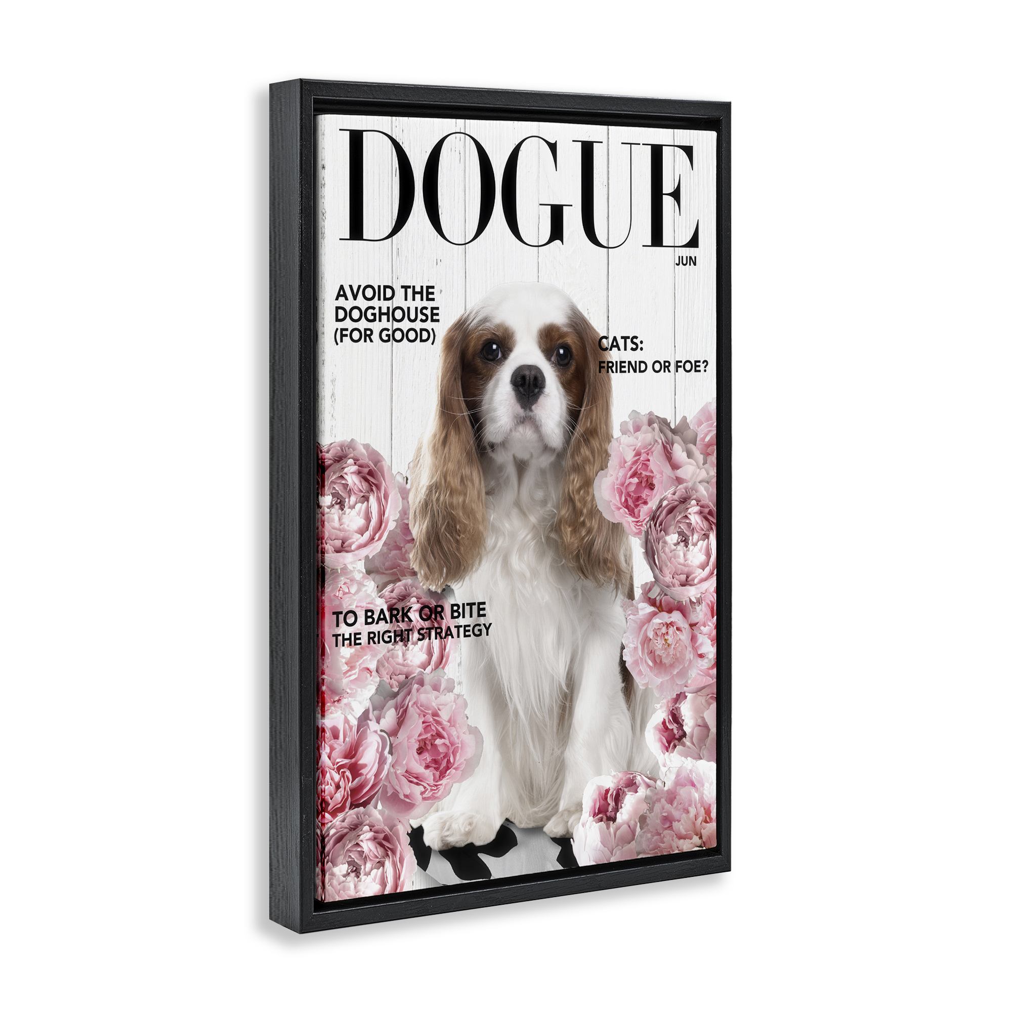 Funny Floral Dog Magazine Black Framed Floater Canvas Wall Art, design by Sasha