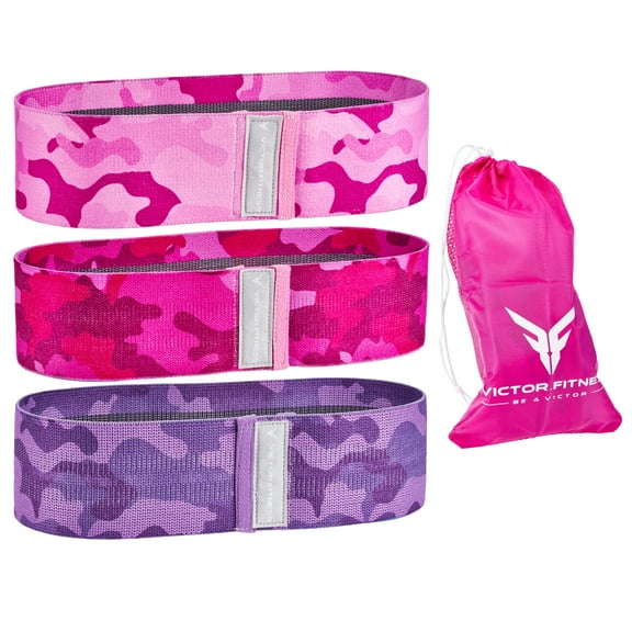 Victor Fitness VFBB3C (Pink & Purple Camo)Hip/Booty Band 3-Pack- 3 Different Resistance Levels with Single 30-inch Shared Size
