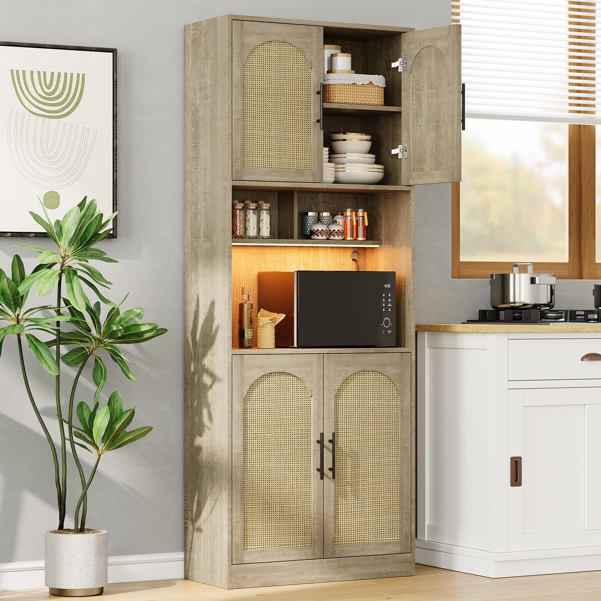 71" Tall Kitchen Storage Cabinets,Pantry Cabinet for Kitchen Storage with LED Light,Microwave Stand with Storage,Freestanding Kitchen Hutch,Kitchen Pantry Storage Cabinet with Microwave Shelf