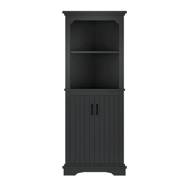 S-HOME Ample Storage Tall Corner Cabinet with Doors and Shelves For Living Room or Bathroom Stylish MDF Furniture, Black