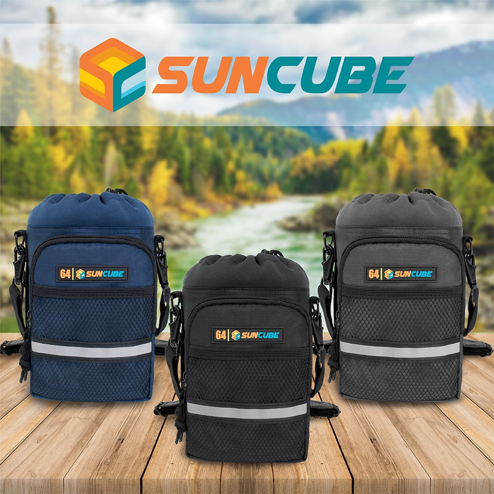 SUN CUBE Water Bottle Holder with Strap, Insulated Water Bottle Bag Carrier for Walking, Crossbody Bottle Carrying Sling Purse Neoprene Sleeve Pouch Pocket, Hiking Accessories Women Men, Blue 64oz