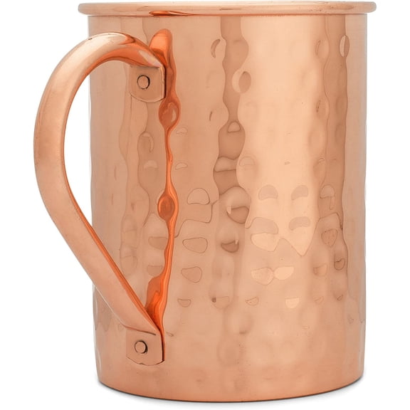 PURE Copper Mug RAW Copper Interior Ideal for Ayurvedic Health Benefits and Moscow Mules - Hand Hammered Finish - Authentic and Strong Riveted Handle - Holds 16oz