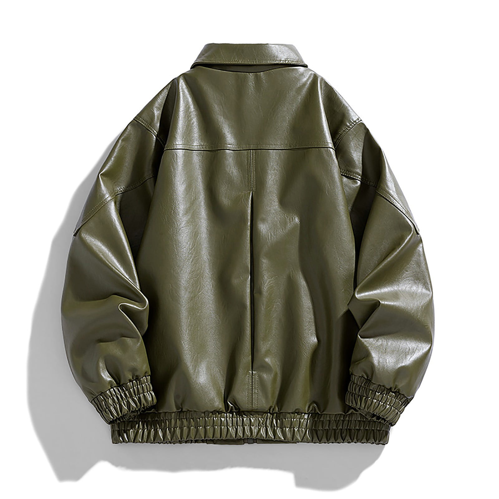 HOOMEUMY Mens Faux Leather Jacket Casual Workout Drop Shoulder Clothes Fashion 2025 Trendy Classic Solid Coat Turndown Collar Design Vintage Loose Fit Biker Outwear Pockets Jacket Green XL