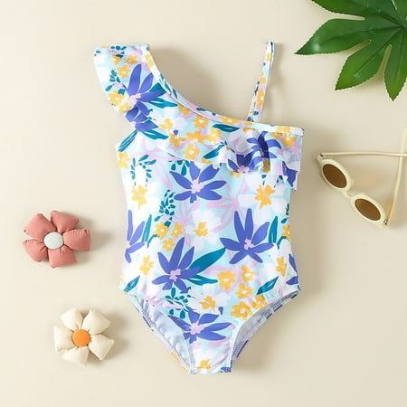RTKFRFL Toddler Swimsuit Girl Ruffle 1 Piece One Shoulder Floral Prints Beach Onesie Bikini Beachwear Swimwear Bathing Suit