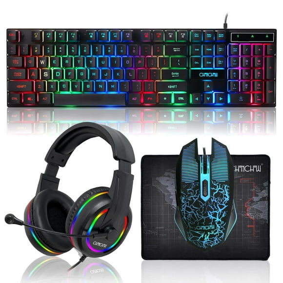 Gaming LED Keyboard Mouse Headset and Mousepad Bundle, CHONCHOW Wired Rainbow LED Light Up Gaming Keyboard Mouse Headset, Value 4 in 1 Game Set for X