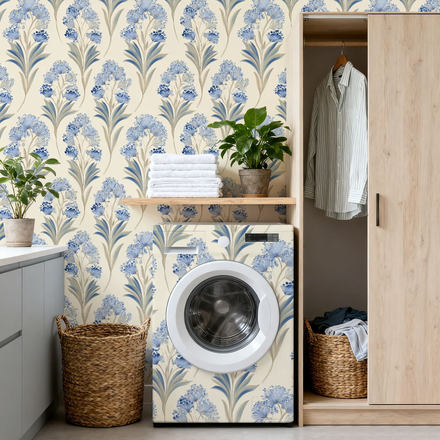 Peel and Stick Wallpaper Elegant Blue Floral Cream Wall Mural 17.7in x 9.8ft Self Adhesive Removable Wall Paper Renter Friendly Wallpaper for Bedroom Nursery Living Room