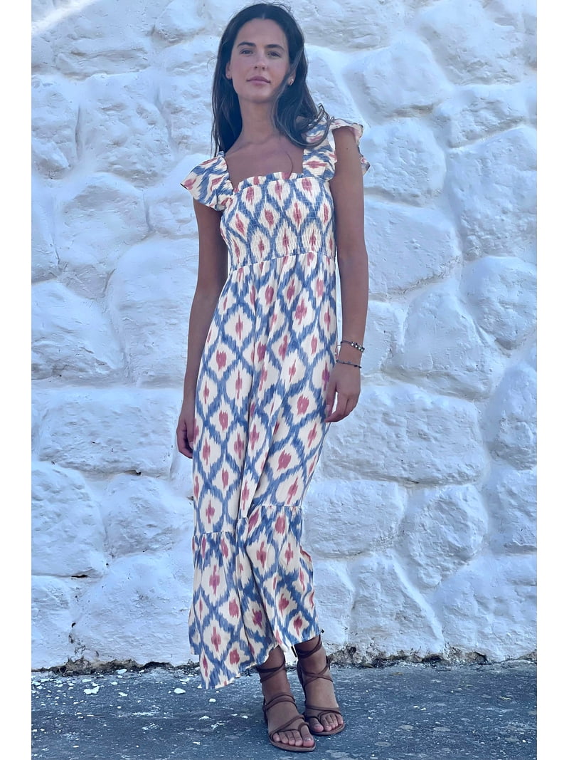 bohemian shift dress ZhiHiMeRi Women's Long Sky Blue Geometric Print, Smocked Bodice, Ruffle Sleeve Casual Vacation Outfit, L, Size: Large KlavCameron
