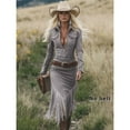 thumbnail image 5 of 2025 Women's Western Cowgirl Suede Dress Vintage Long Sleeve Slim Fit Fringe Dress Formal Dresses with Lapel and Zip, 5 of 5