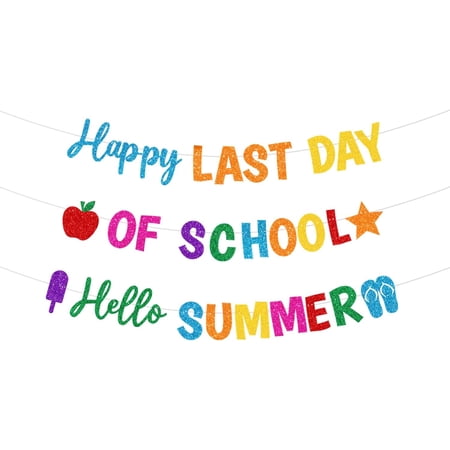 Glittery Happy Last Day of School Hello Summer Banner End of School Year Summer Vacation Party Decorations