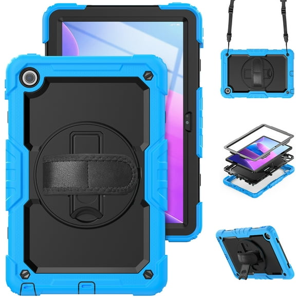 XYX For Lenovo Tab M10 Plus (3rd Gen) Case 10.6 inch, 360 Rotating Shockproof Cover with Stand, Screen Protector, Shoulder Strap (TB-X6C6/TB-X606), Sky Blue