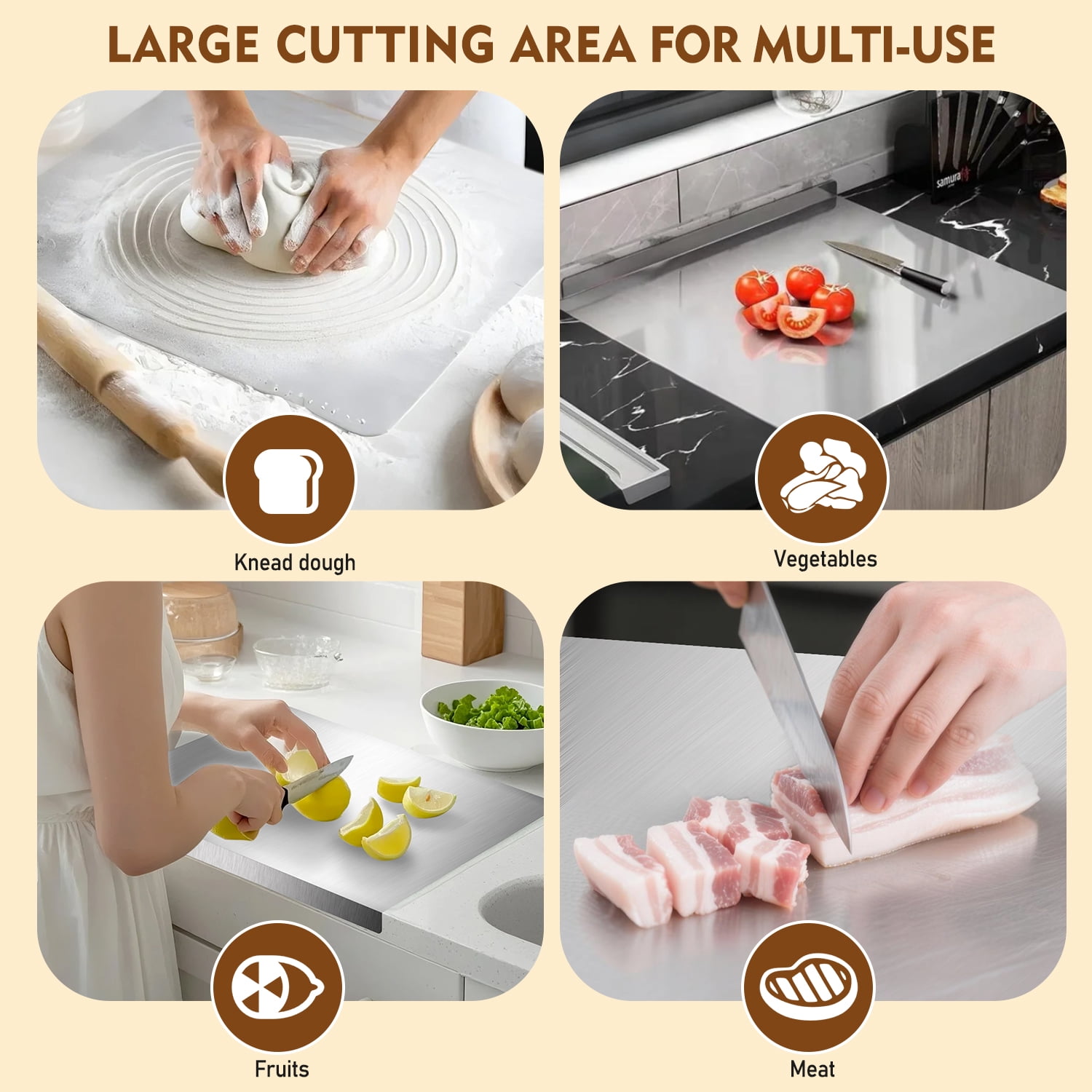 Cutting Boards for Kitchen, AOKIWO Large Stainless Steel Baking Boards with scraper, Suitable for Bread, Meat, Vegetables, (19.7 x 15.7 in)
