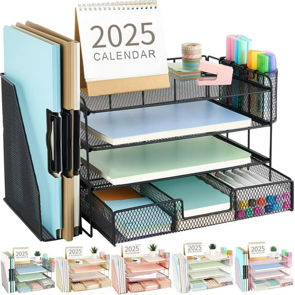 Desk Organizers and Accessories with File Holder, 4-Tier Desk Accessories & Workspace Organizers with Drawer and 2 Pen Holder, Paper Organizer for Office Supplies