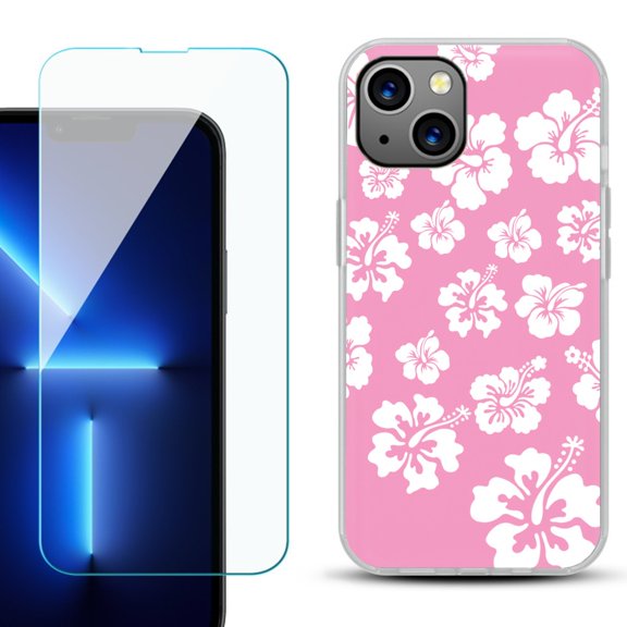 OneToughShield ® for iPhone 15 Fashion Phone Case, with Tempered Glass Screen Protector - Hibiscus Pink