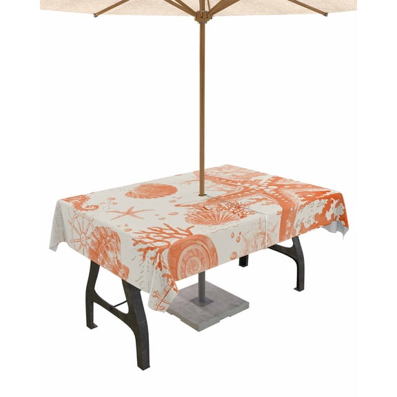 Fsddascl Orange Coastal Starfish Outdoor Tablecloth - 60x84 Inch Rectangle Dining Table Cover, Farmhouse Nautical Coral Conch Waterproof Outdoor Table Cloth with Umbrella Hole & Zipper for Patio