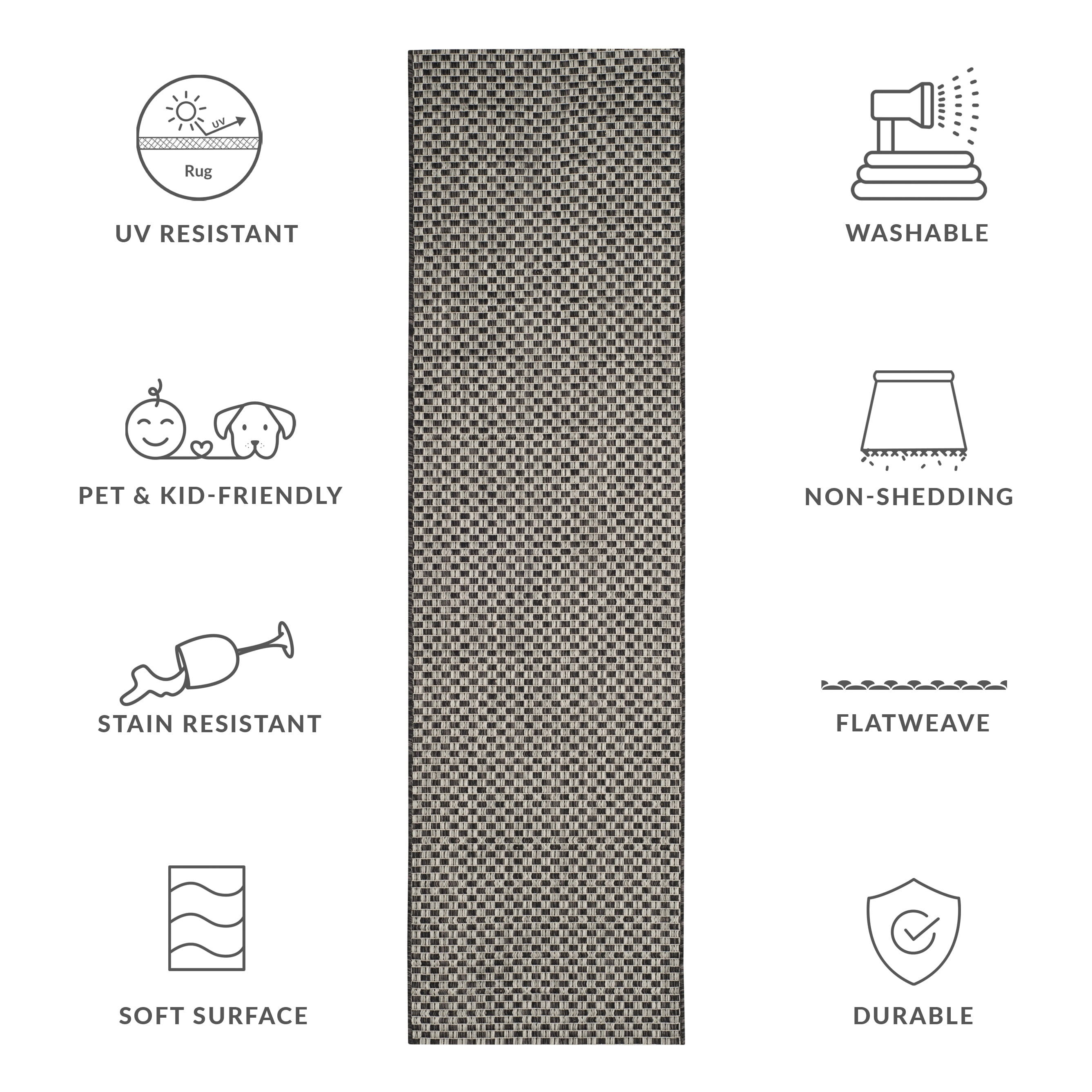 SAFAVIEH Courtyard Blair Checkered Indoor/Outdoor Runner Rug, Black/Light Grey, 2'3" x 16'