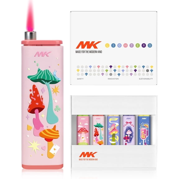 MK Wind Proof Jet Flame Lighters, 5PCS Striking Design, Ideal as Lighters for Candle, Camping, Outdoor use, Butane Refillable Lighter (MagicMush-5PC)