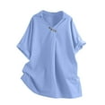 thumbnail image 4 of Olyvenn Women's Cotton Linen Shirts Casual V Neck Short Sleeve Blouse Loose Fit Vintage Summer Lapel Collar Tunic Tops Sky Blue XXL, 4 of 9