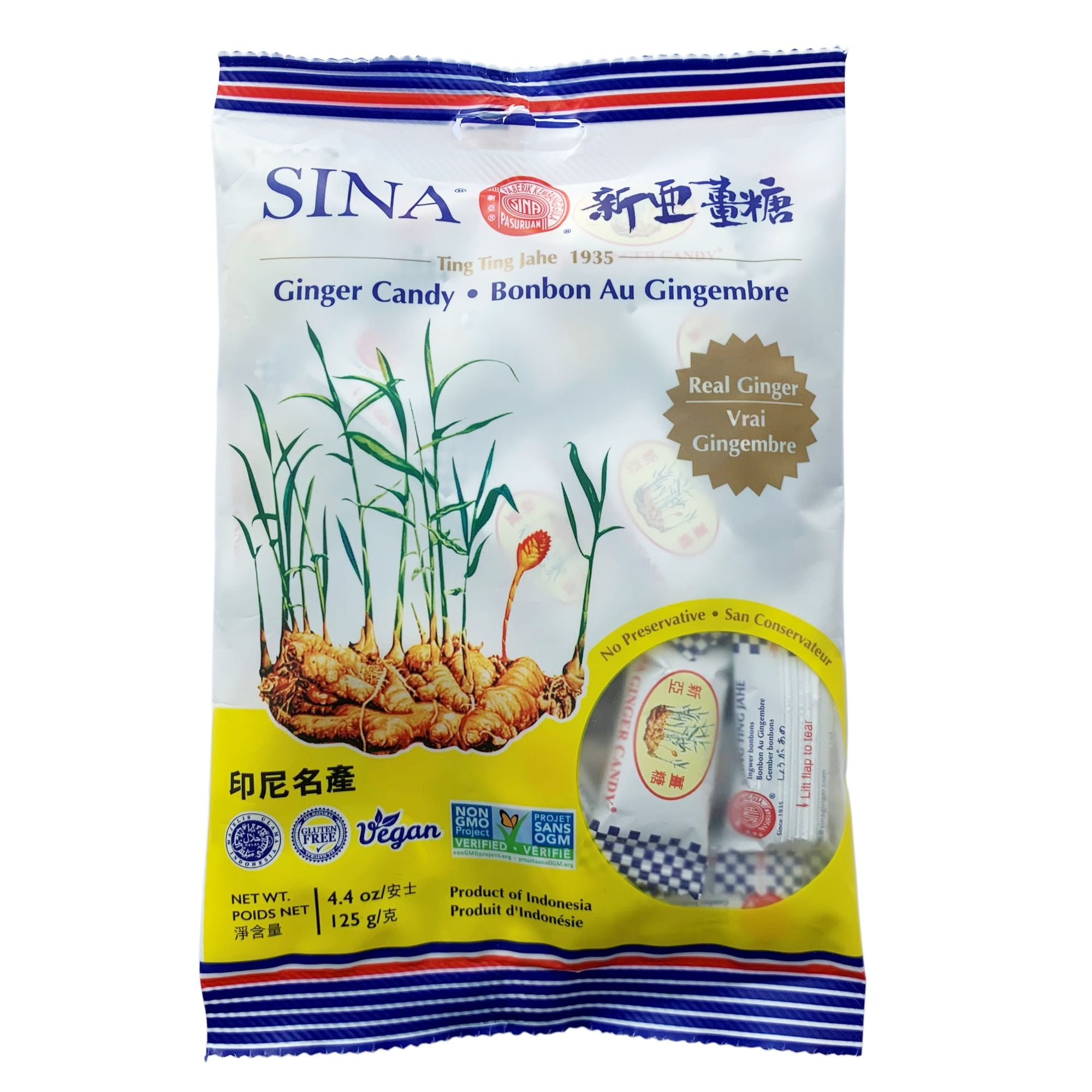 10 Bags of SINA Ginger Candy, the Original Ting Ting Jahe since 1935, 4.4 oz Per Bag, Total of 44 oz (2.75 lbs)