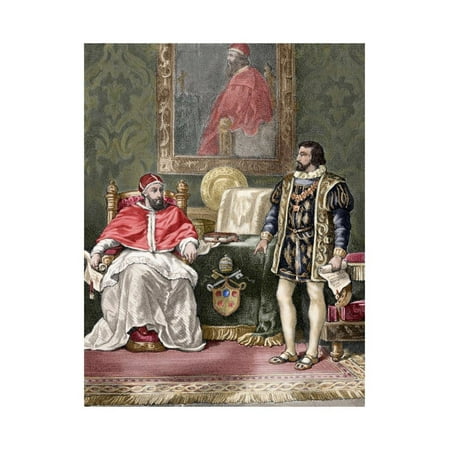Francis I King Of France Pope Clement VII (1478-1534), with the King of France Francis I (1494-1547). Colored Engraving Print Wall Art By Tarker ()