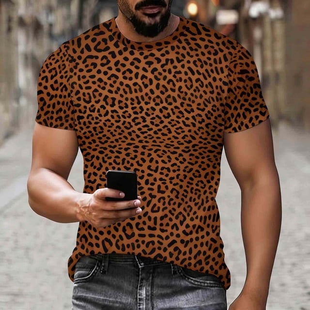 Ceisia Men's Slim Fit Dark Brown High-Contrast Leopard Print Round Neck Short Sleeve Casual T-Shirt (S-XXXL) Gifts