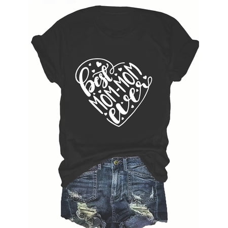 Retro Best Mom-Mom Ever Heart Graphic T-Shirt Women's Casual Short Sleeve Crewneck Top Mother's Day Grandmother Gift Idea