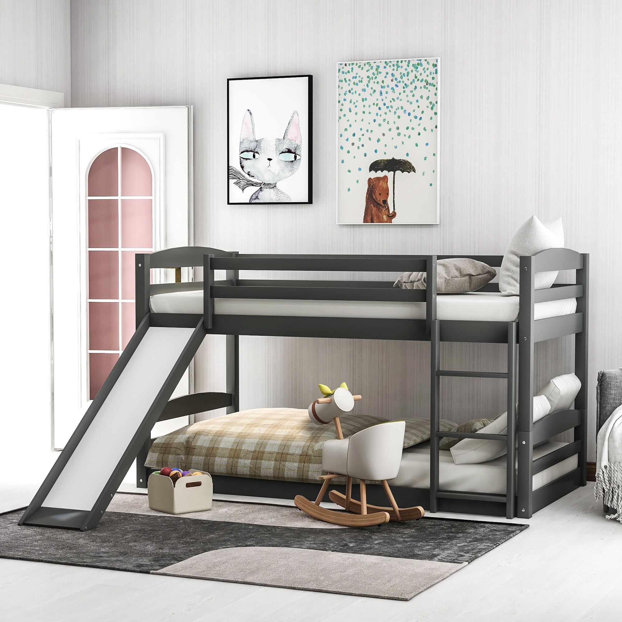 Twin Over Low Bunk Bed With Slide, Short Height Bunk Beds