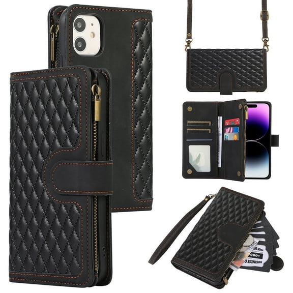 Dteck for iPhone 11 Case, iPhone 11 Wallet Case with 9 Card Slots, PU Leather Magnetic Flip Zipper Purse Wristlet Strap Crossbody Lanyard Kickstand Phone Case 6.1 Inch,Black