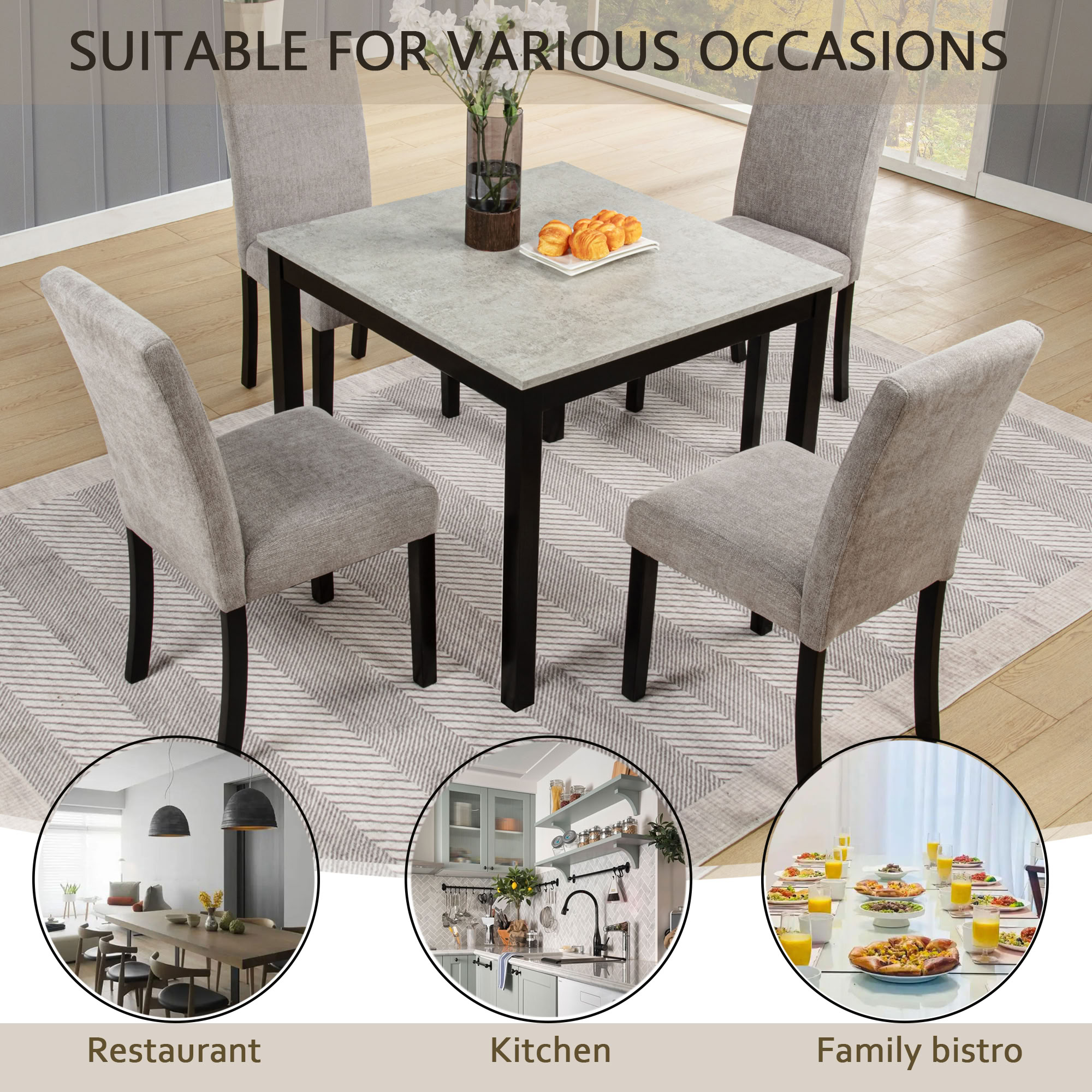 MAYEERTY 5-Piece Wooden Dining Table Set for 4-Person Kitchen Dining Room Restaurant, Grey & Black