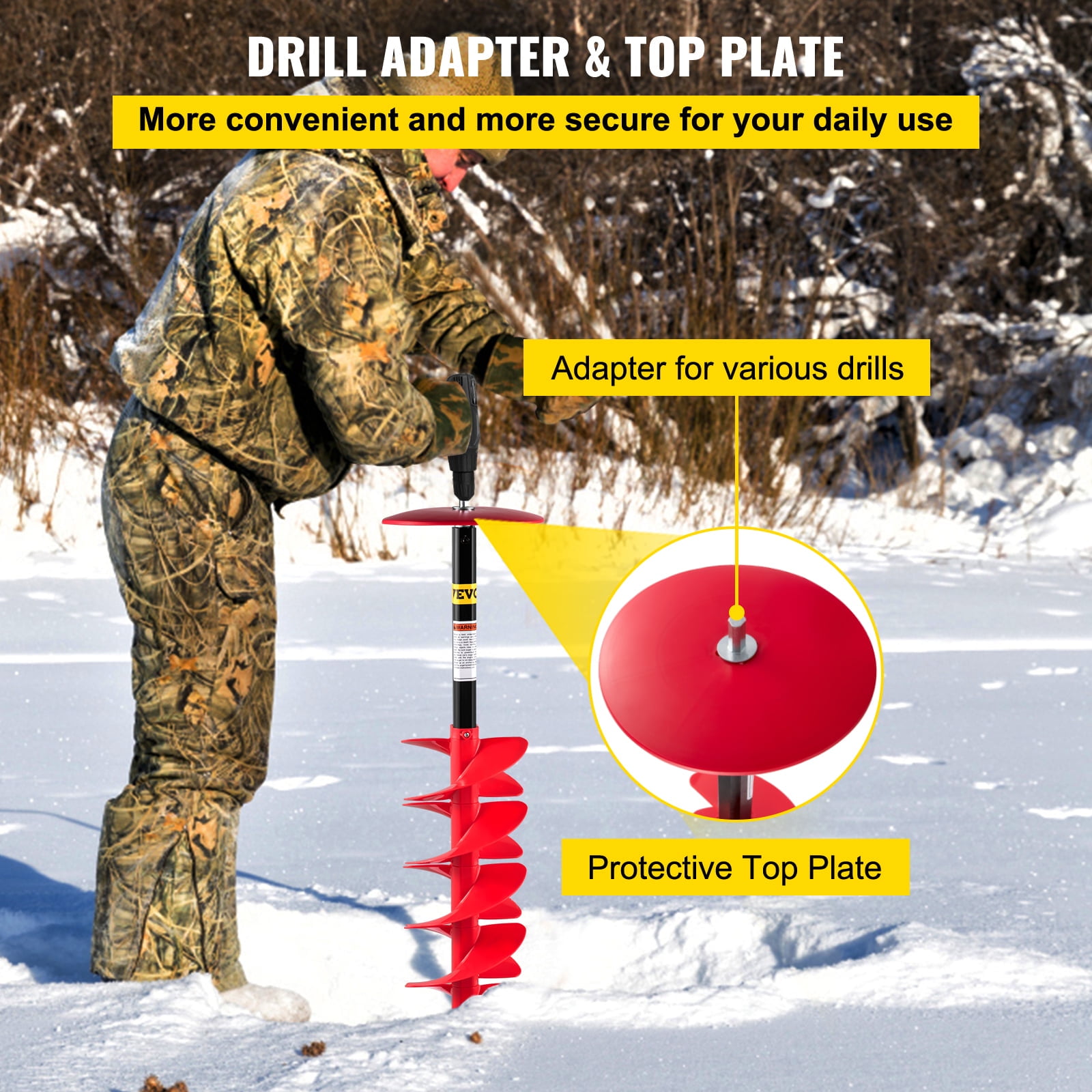 VEVOR Ice Drill Auger, 8'' Diameter Nylon Ice Auger w/ 39'' Auger Bit &11.8" Extension Rod, Auger Bit for Ice Fishing Ice Burrowing, Red