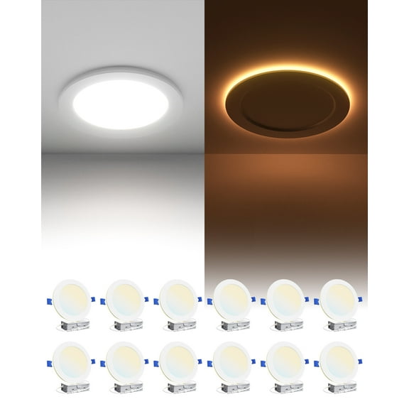 Ensenior 6 Inch 12 Pack 5CCT Ultra-Thin LED Recessed Ceiling Light with Night Light, 2700K/3000K/3500K/4000K/5000K Selectable Wafer Lighting, 12W=110W, 1050LM, Dimmable Canless Downlight-FCC