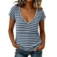 thumbnail image 3 of Feancey Womens Striped T Shirts Short Sleeve V Neck Summer Basic Tees Breathable Lightweight Cotton T-Shirt Dressy Casual Going Out Tops Navy S, 3 of 8
