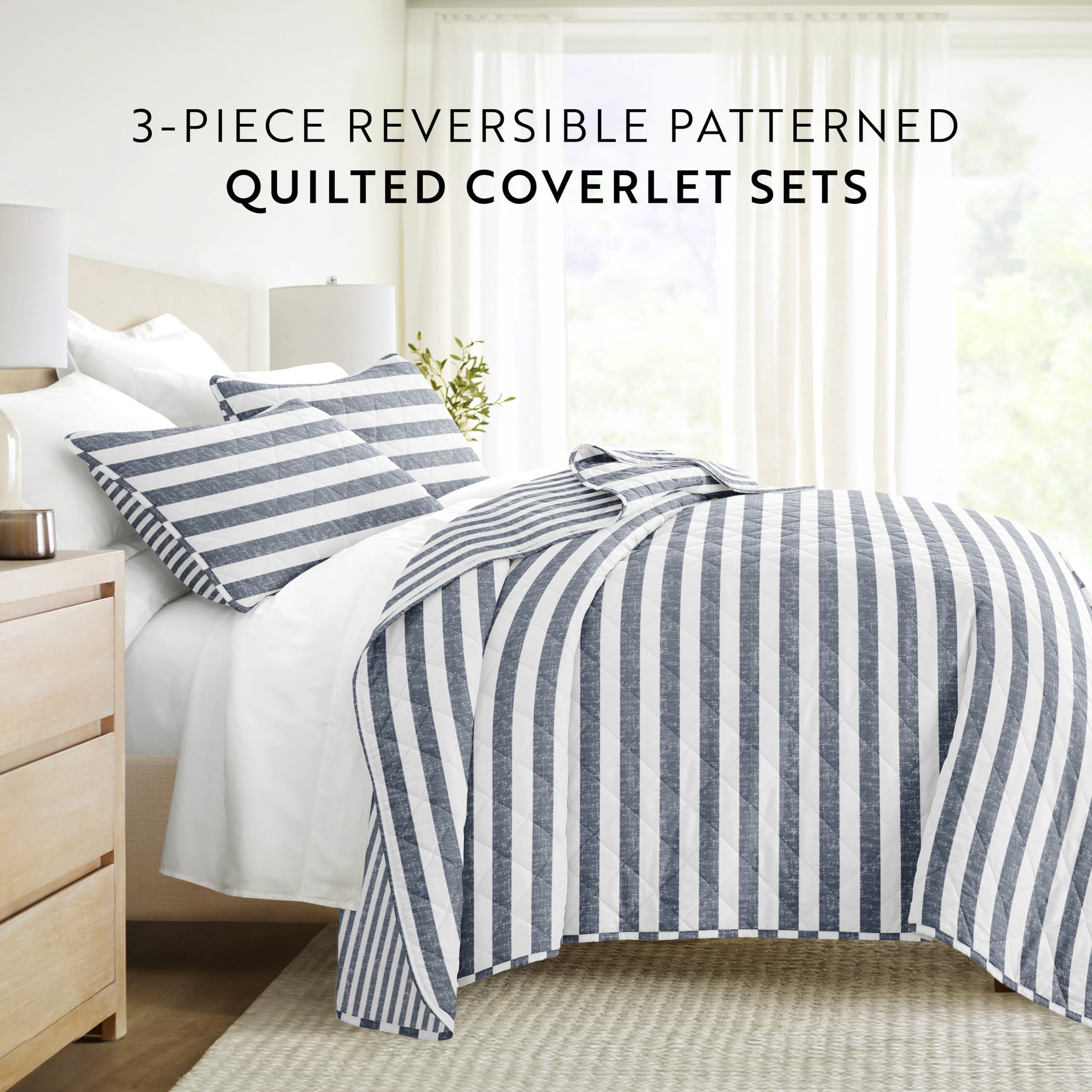 Noble Linens 3-Piece Dusk Blue Classic Stripe Reversible Quilt Set, King