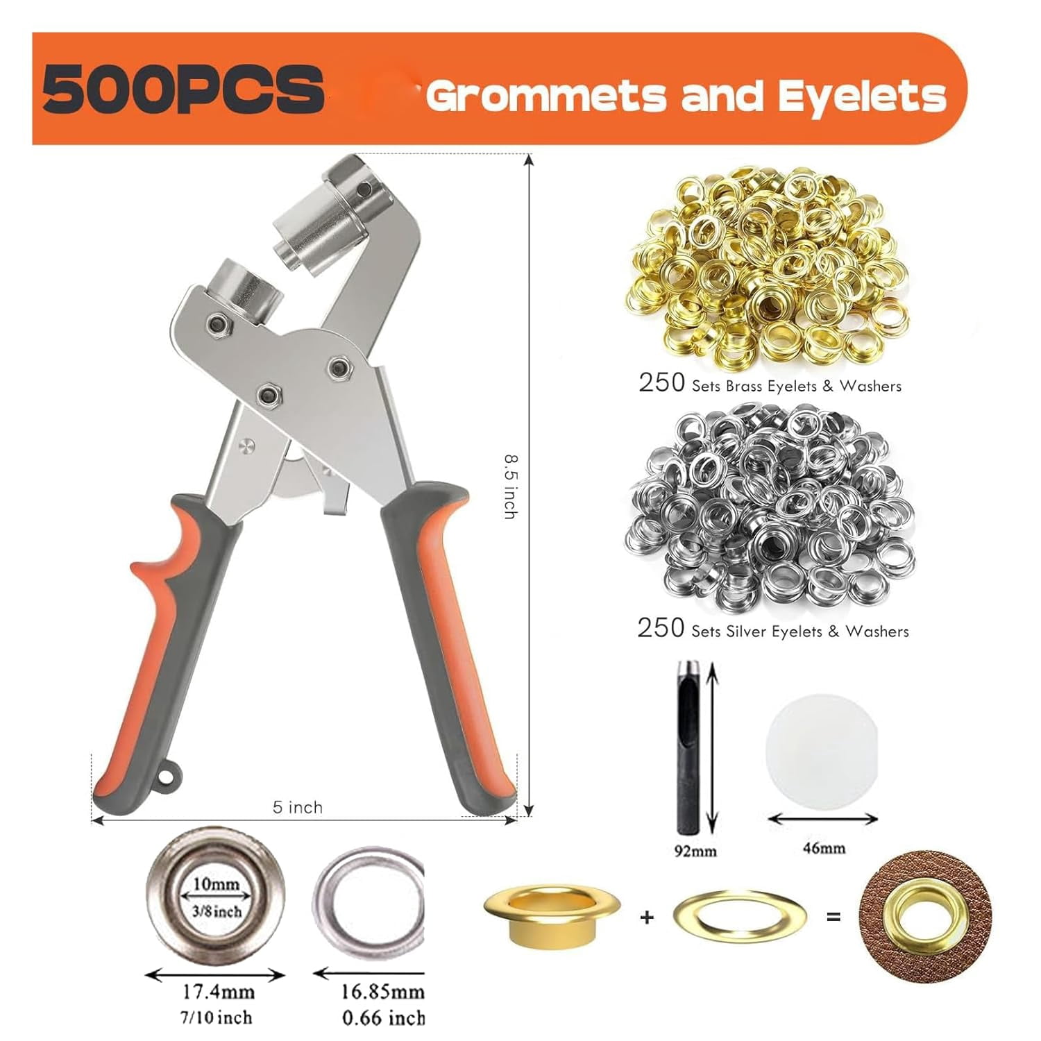 Professional Grommets Kit, Grommet Tool Kit, Heavy Duty Grommet Kits, with 500 Pcs 3/8 Inch 10mm Grommets, for Canvas, Tarps, Leather, Tents, Banner & Fabric