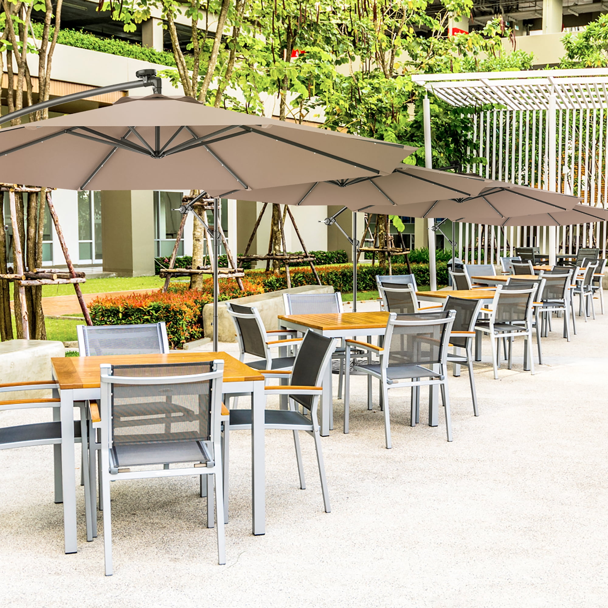 Costway 100.80" Tan Fixed Octagon Cantilever Patio Umbrella, Solar Lighted