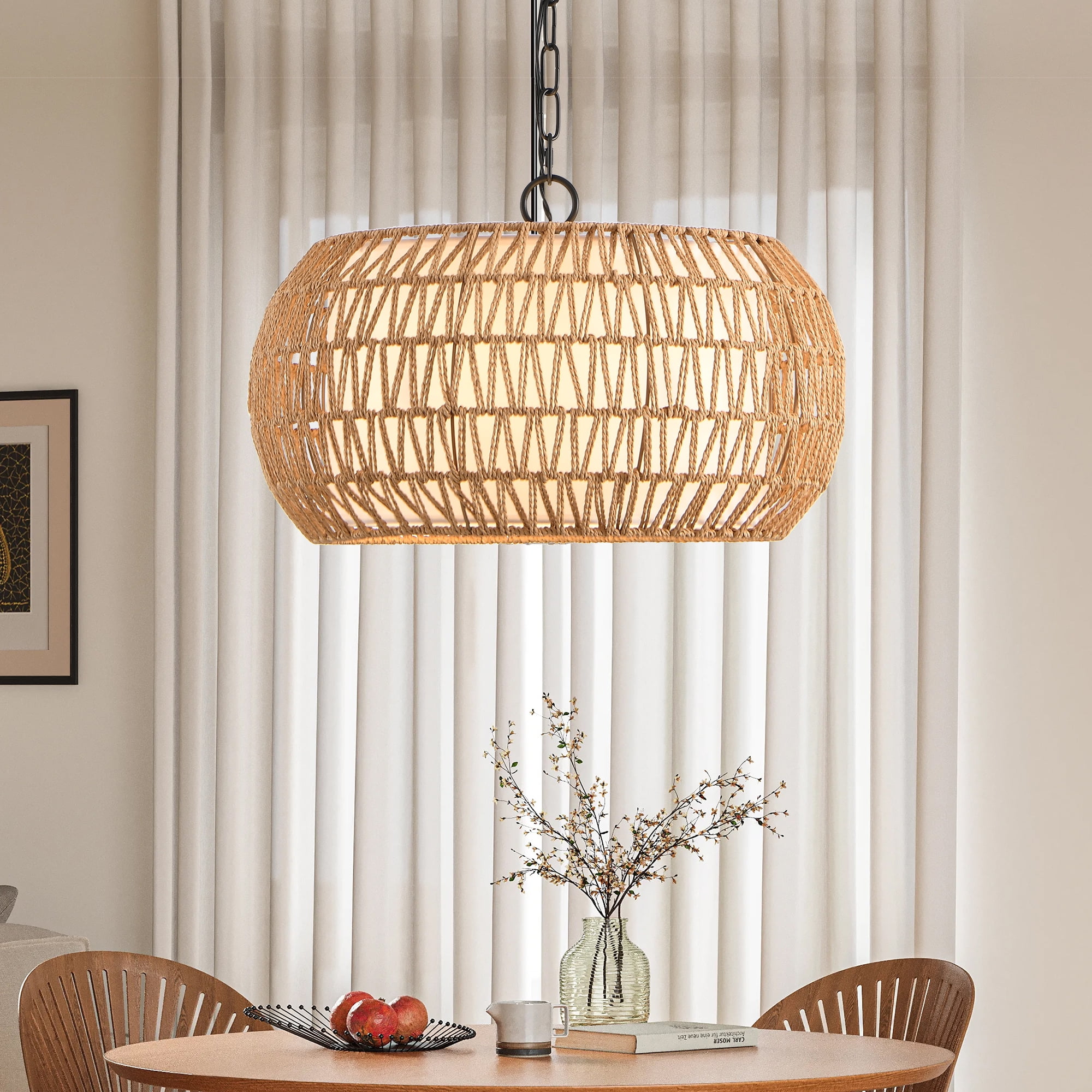 Jopath 18" Farmhouse Pendant Light with Adjustable Height, Boho Woven Jute Rope Hanging Ceiling Light Fixture, for Dining Room, Living Room, or Kitchen Island (Bulb Not Included)