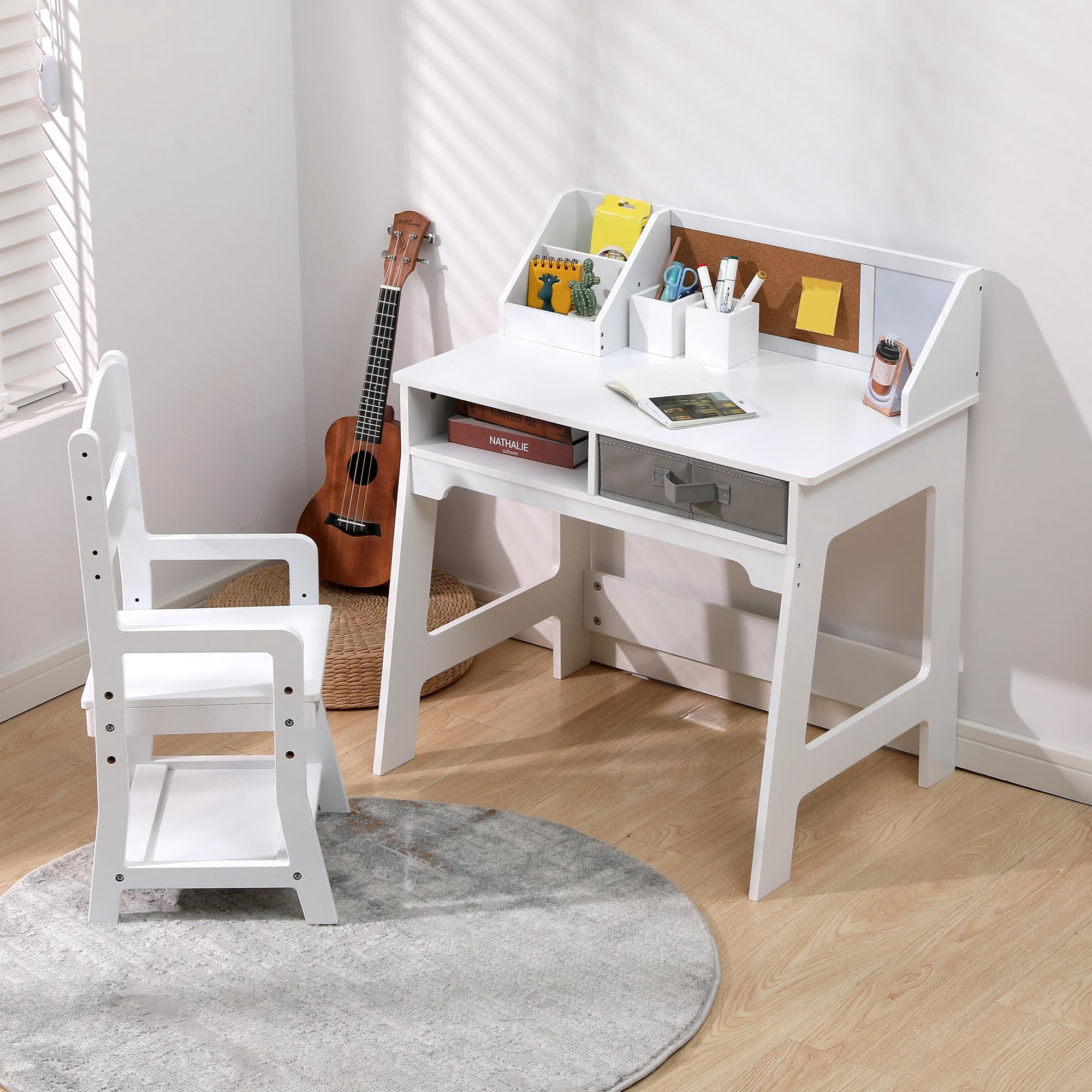 Ataucjin Kids Desk and Chair Set, Wooden Study Table with Storage Bins, Bookshelf, Bulletin Board, and Pen Holder, Writing Table for Boys and Girls