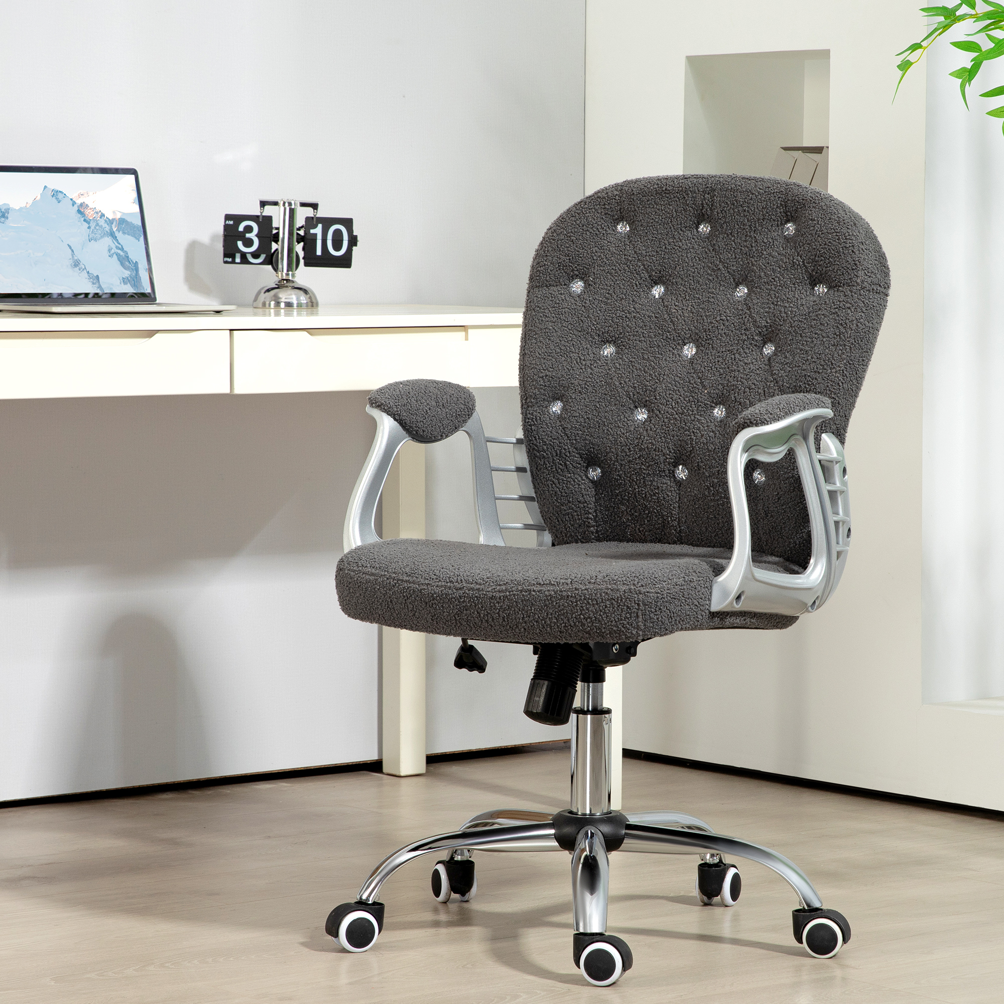 Teddy Fleece Home Office Chair, Button Tufted Desk Chair with Padded Armrests, Adjustable Height and Swivel Wheels, Dark Gray