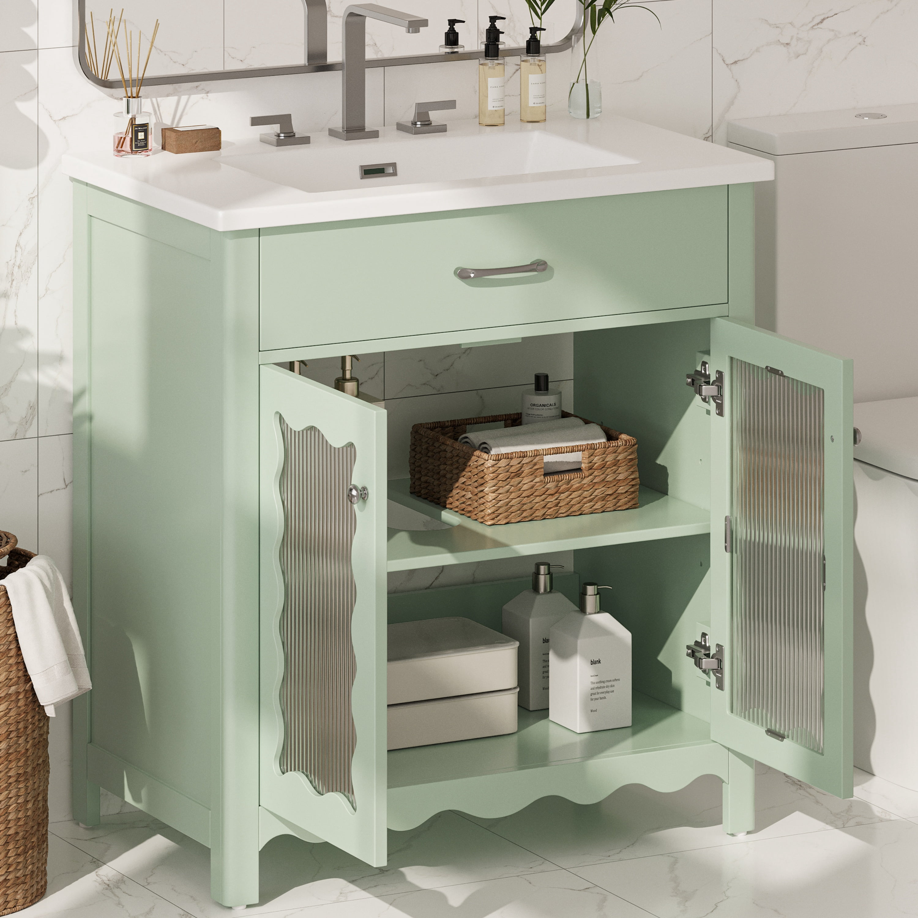 Euroco 31" Bathroom Vanity with Tempered Glass, Modern Bathroom Cabinet with Rubber Wood legs and Soft close Doors, Green