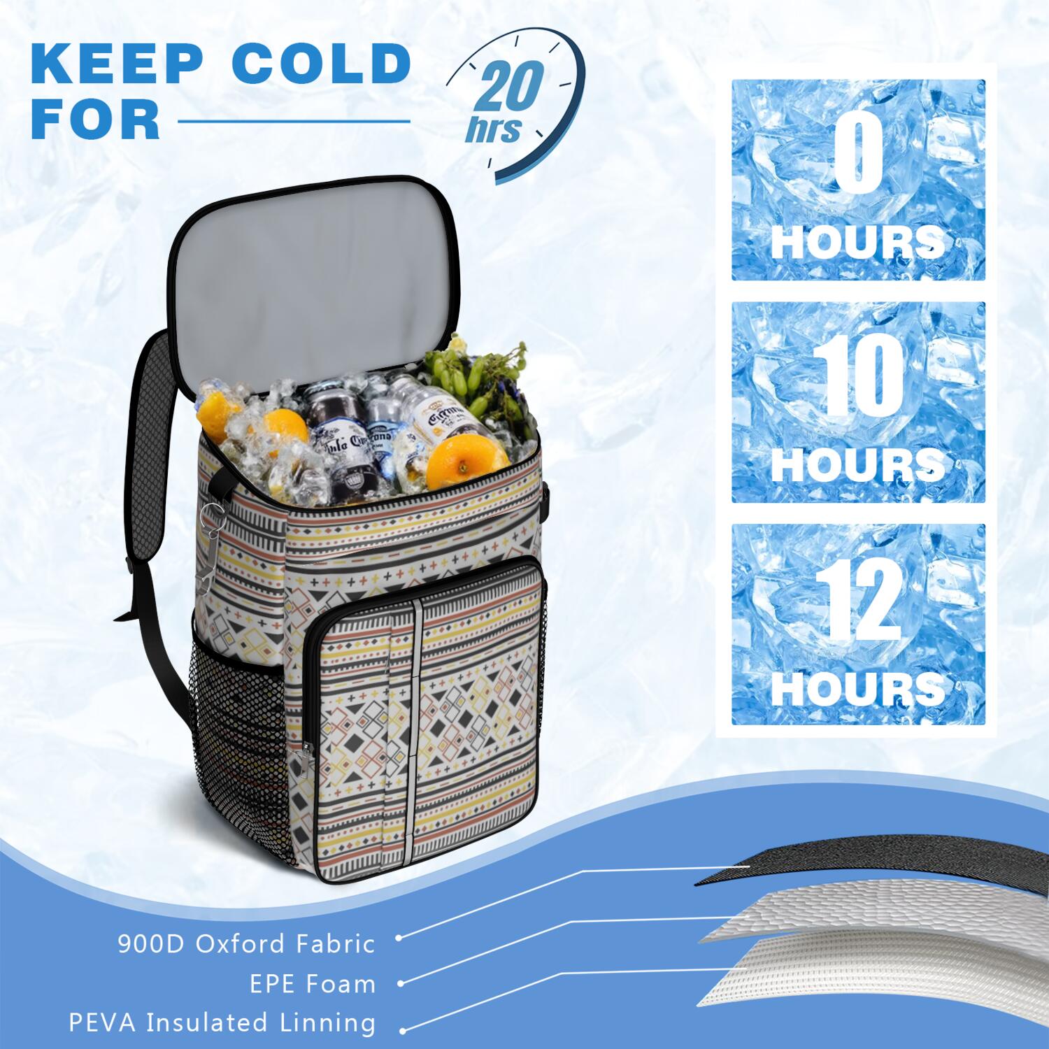 Travel Cooler Bag - Boho Bohemia Pioneer Flower Geometric Line Art Camping Beer Cooler Backpack with Bottle Opener- Waterproof Insulated Picnic Backpacks - Cooler Bag for Beach