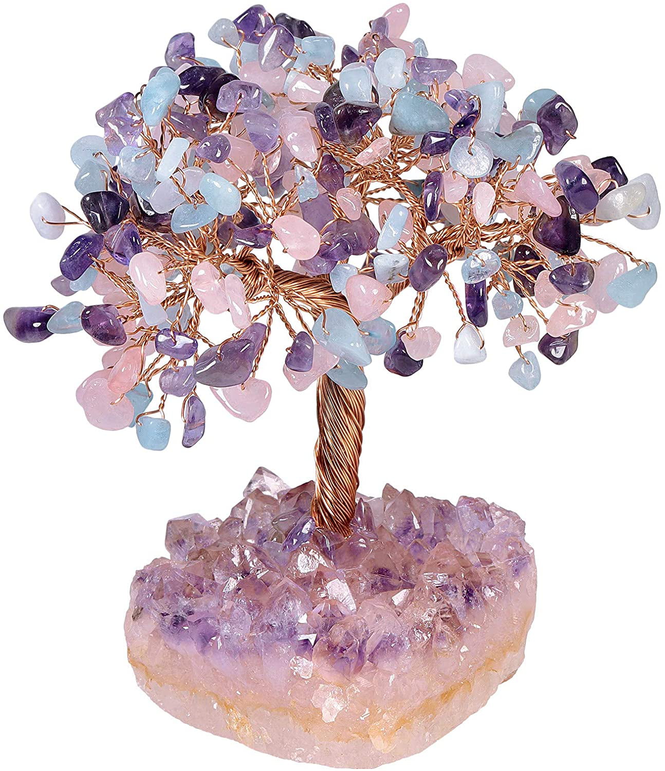 Natural Rose Quartz & Aquamarine & Amethyst Crystal Tree with