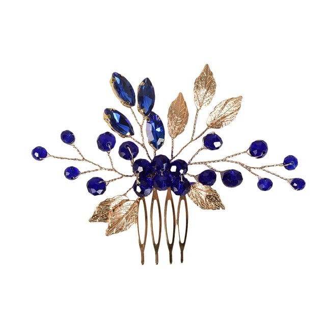 Nvzi Horquillas para el pelo de boda con flores para novias, peinetas con perlas de cristal, pinzas para el pelo, accesorios para el pelo de boda dorados, joyas, color azul