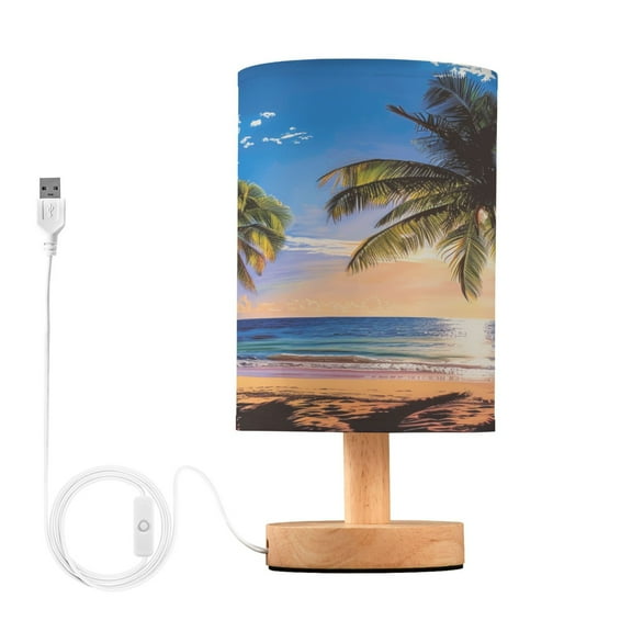 Palm Tree Beach with Sunset Bedside Table Lamp Desk Warm Lights with USB Charging Port Cylinder LED Lamps for Bedroom Living Room Office