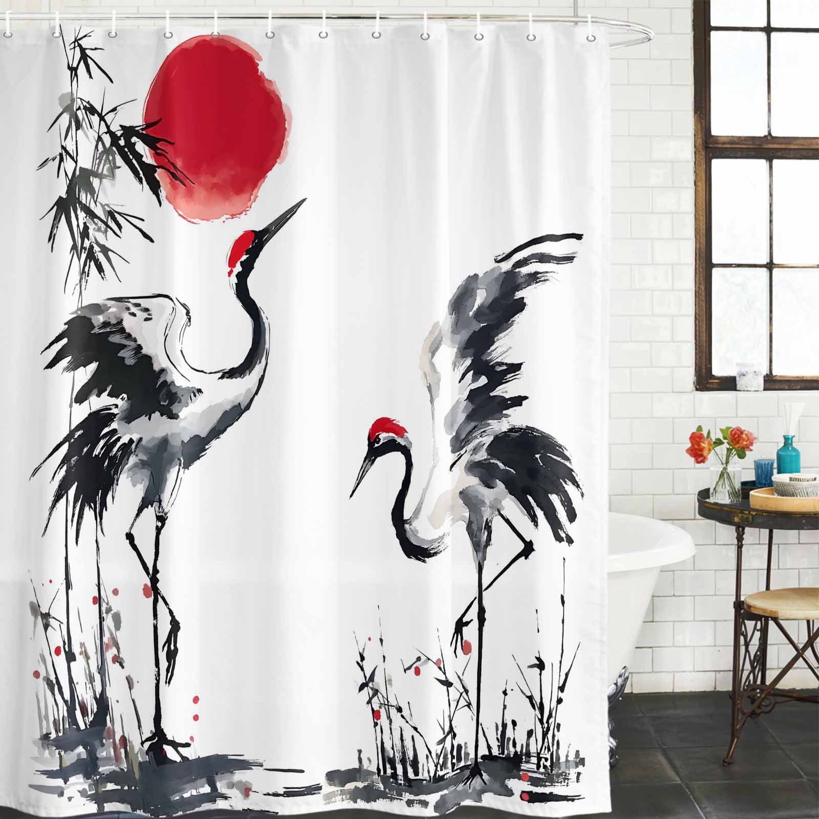 Small Stall Shower Curtain 36x72 Inch Narrow Half Size Crane Bath Curtains Bathroom Decor, Black White Ink Wash Red Moon Botanical Waterproof Fabric Shower Curtain Set with Hooks 36 Inch
