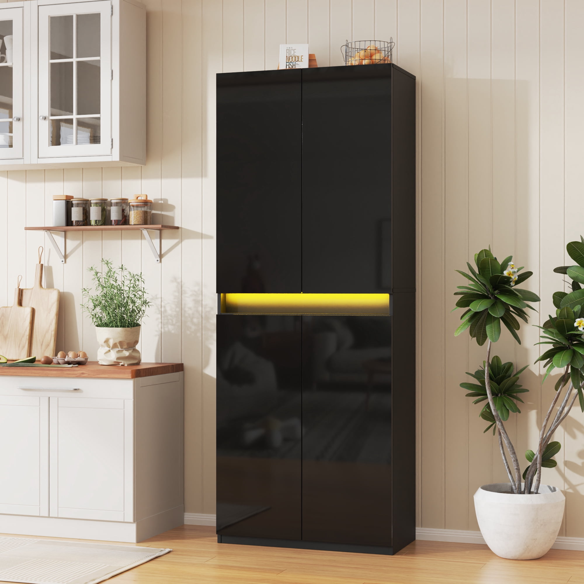 71" Tall Kitchen Pantry, Pantry Storage Cabinet with High Gloss Doors, Modern Buffet Hutch Cabinet with Led Light and Adjustable Shelves for Dining Room, Living Room, Black